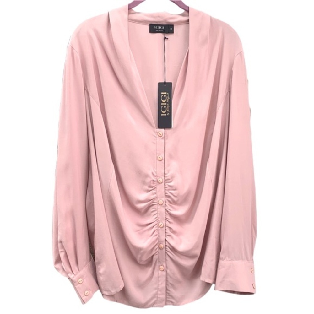 Igigi Tierney Blouse Plus Size 20 Dusty Rose Cuffed Sleeves Buttons Ruching NEW